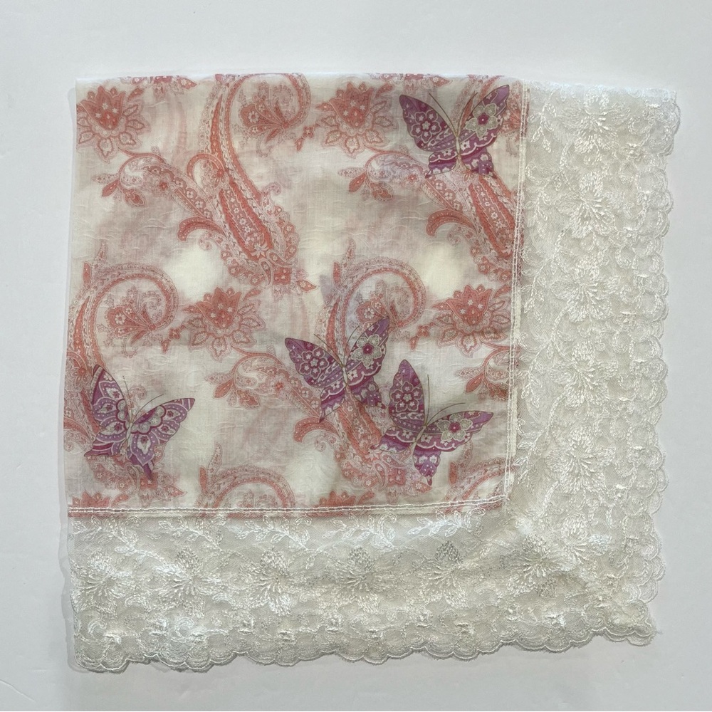 LANCETTI VTG Handkerchief Scarf Floral Butterfly Lace Paisley Women Square 28” - Picture 9 of 10